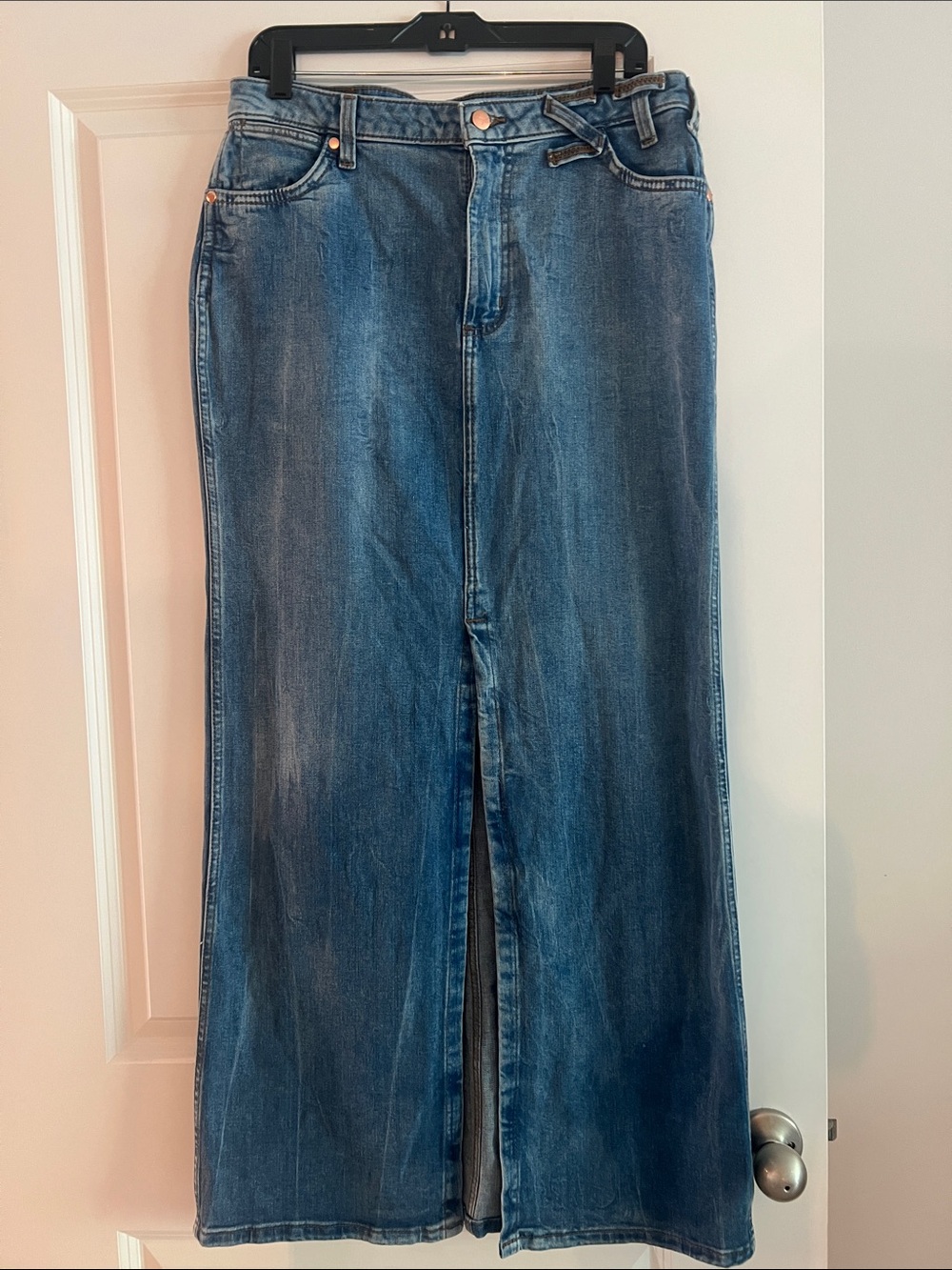 Wrangler x STAUD Blue Denim Maxi Skirt with Front Slit